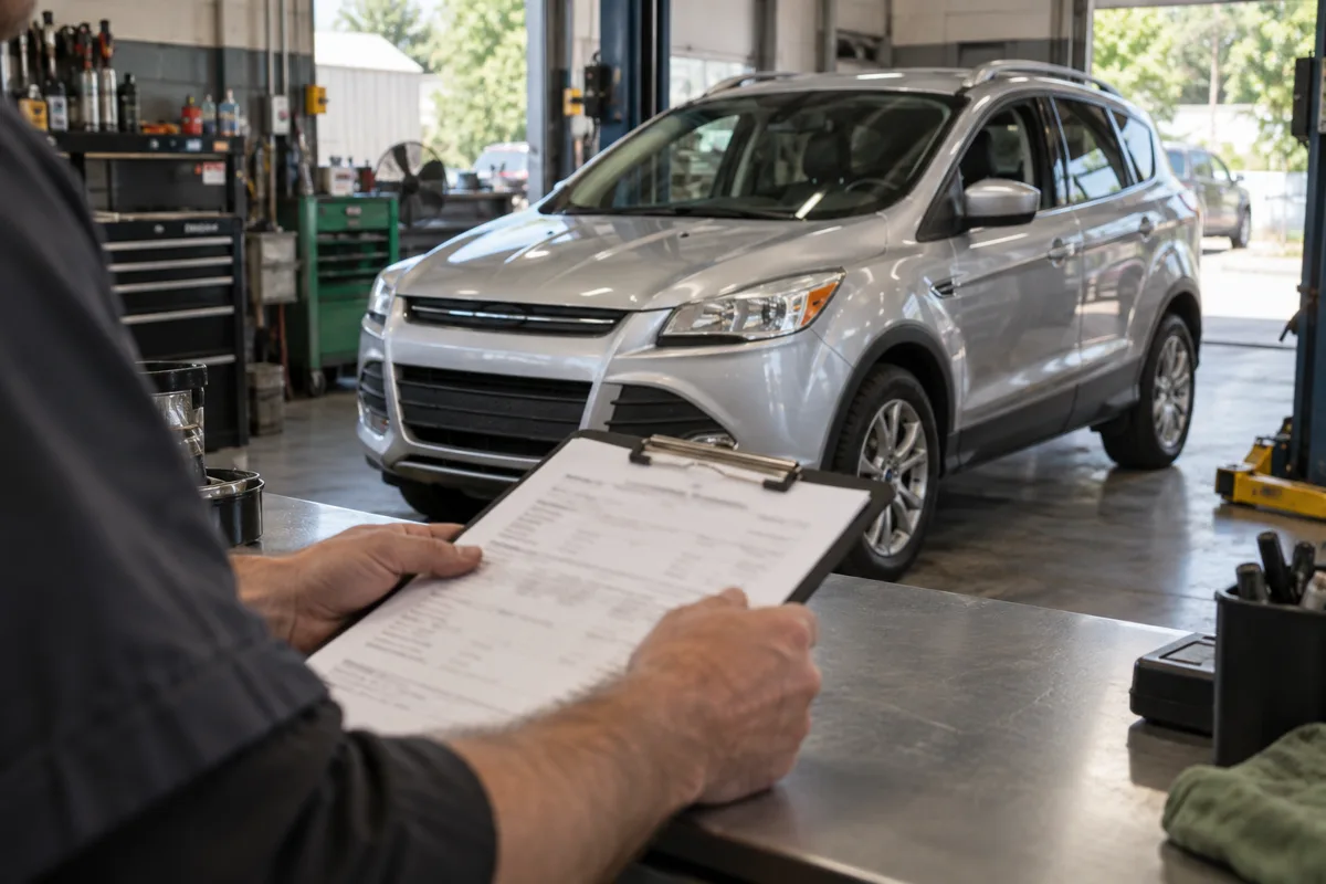 An adult reviewing a repair estimate with a used silver crossover in a garage